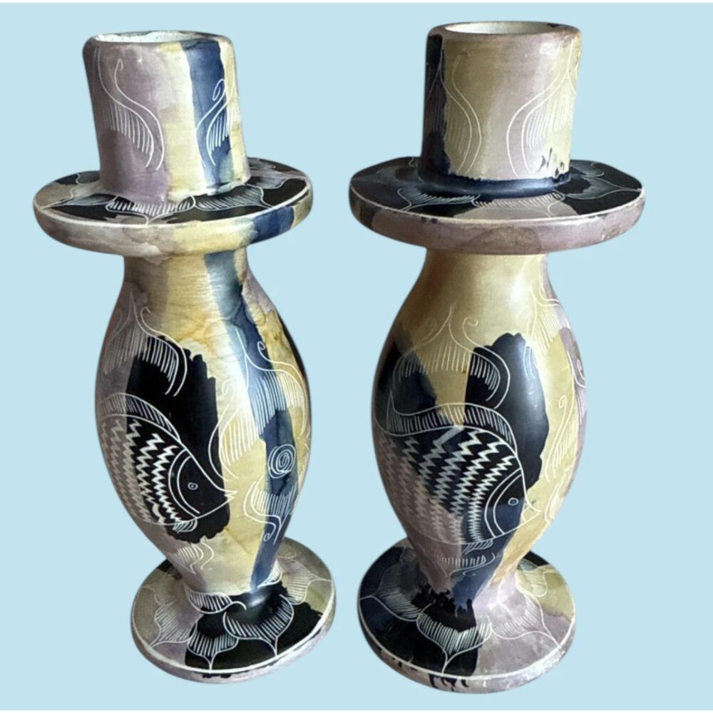 Hand-Carved Stone Candle Holders Pair Tropical Fish Design Etched 7" Signed B